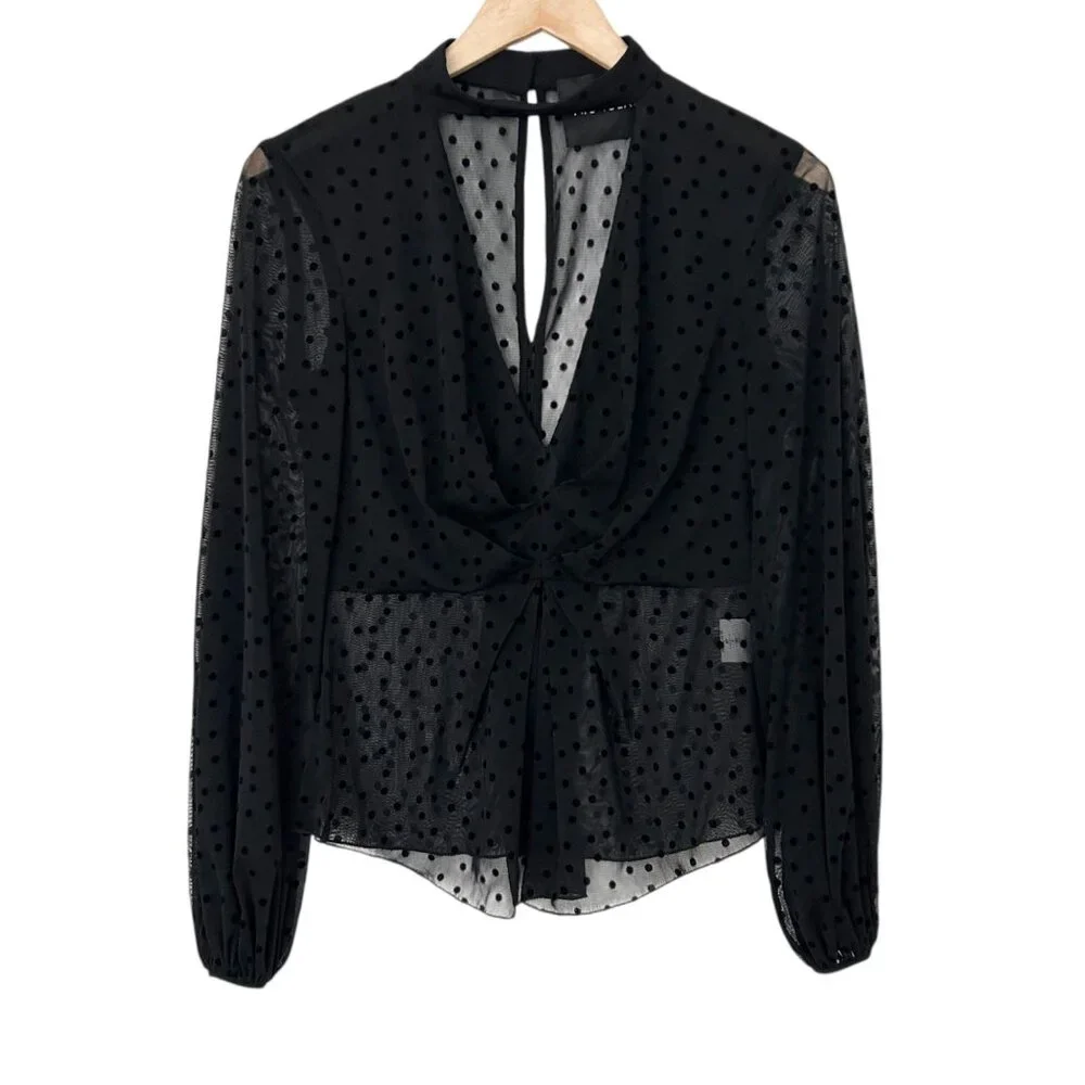 Nicholas Black Velvet Polka Dot Mesh Sheer Choker Blouse Top‎ (XS)